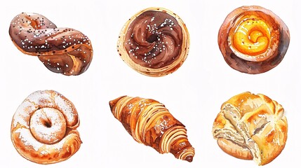 An artistic rendition of a bakery with six distinct watercolor icons, each isolated on a pristine white background