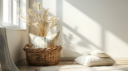 Stylish room interior with pillow in basket - obrazy, fototapety, plakaty