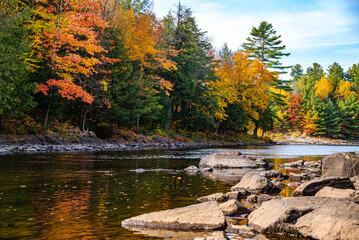Dorwin Chute, Canada: Oct. 25 2021: Colorful autumn scenery view of Dorwin Chute in Quebec - obrazy, fototapety, plakaty