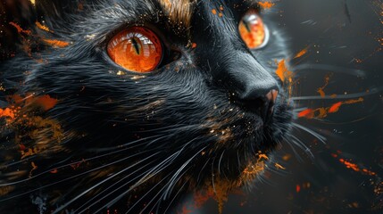 a close up of a black cat's face with orange and yellow fire coming out of it's eyes and a black cat's head with orange eyes.