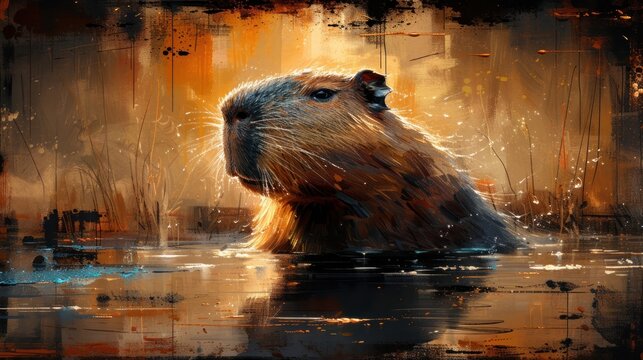  a painting of a capybara in a body of water with his head above the water's surface and his head above the water'water's surface.