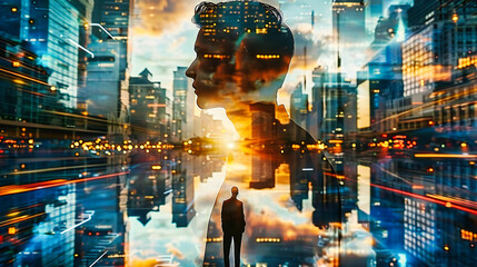 Concept of Leadership and Career Success, Businessman Overlooking Cityscape, Double Exposure with Urban Skyline - obrazy, fototapety, plakaty