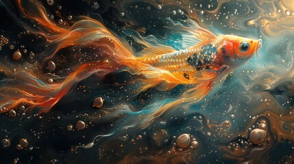  a painting of a goldfish swimming in a pool of water with bubbles on the bottom of the water and bubbles on the bottom of the bottom of the water.
