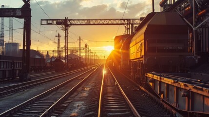 A tranquil scene as the sun sets over railway tracks, casting a golden glow on an idle train and the surrounding structures.