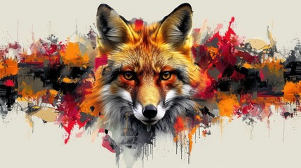  a close up of a fox's face with orange and red paint splatters on it's face and behind it is a black and white background.