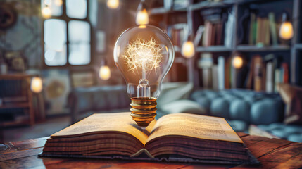 Concept of Education and Innovation, Bright Idea Symbolized by Light Bulb Over Open Book, Knowledge...