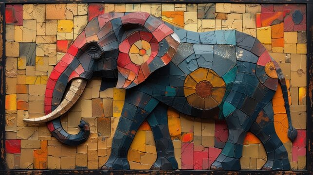  a picture of an elephant made out of pieces of colored paper and wood, with a black frame around the elephant's neck and tusks and tusks, and tusks, and tusks, and tusks, and tusks, with a.