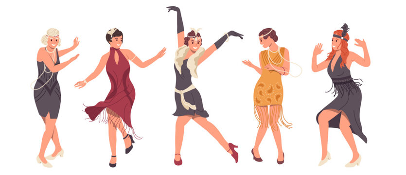 Retro dancing woman cartoon characters in old-fashioned outfits moving energetic isolated on white