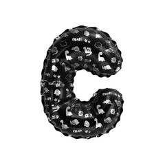 3D inflated balloon letter C with glossy black & silver fabric textured dinosaurus design for children