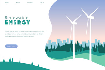 Renewable energy environment, vector concept design of a website page, simple flat illustration with wind turbines © KatBaid