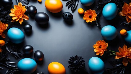 Easter eggs and flowers with copy space 