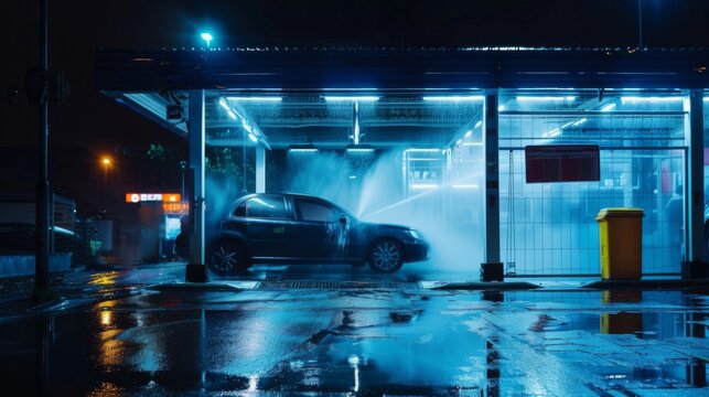 A solitary car undergoing a cleansing process in an automated car wash station, illuminated by neon lights on a wet, rainy night.