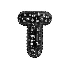 3D inflated balloon letter T with glossy black & silver fabric textured dinosaurus design for children