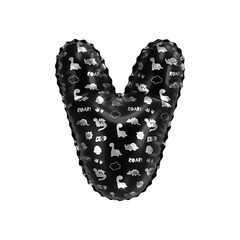 3D inflated balloon letter V with glossy black & silver fabric textured dinosaurus design for children