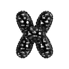 3D inflated balloon letter X with glossy black & silver fabric textured dinosaurus design for children