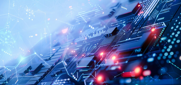 Computer technology and digital networks in a futuristic concept, where hardware and cyberspace merge in modern communication