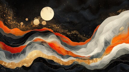  a painting of an orange, white, and black wave with a moon in the sky and stars in the sky with a black background of gold, white, orange, white, and black, and gold, and black. - obrazy, fototapety, plakaty