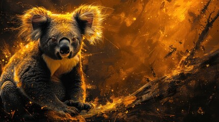 Naklejka premium a close up of a koala sitting on a tree branch in front of a fire and smoke background that appears to be a dark orange and yellow hued.