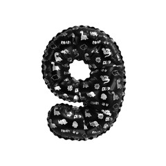 3D inflated balloon Number 9 with glossy black & silver fabric textured dinosaurus design for children
