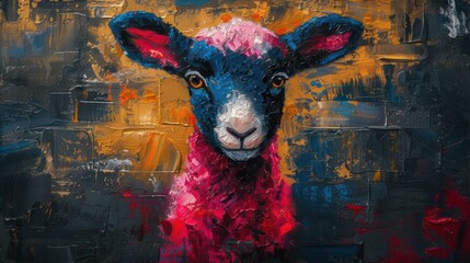  a painting of a sheep with a red, white, and blue coat on it's head and a yellow brick wall behind it and a red and black background.