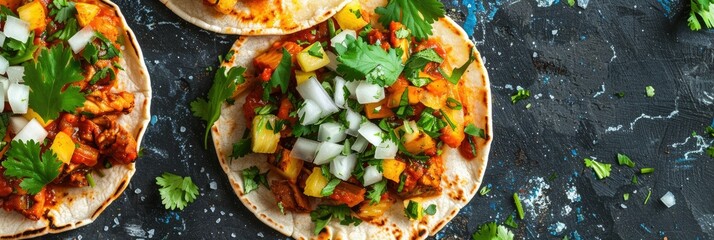 Spicy chicken tacos with fresh garnishes - Mouth-watering chicken tacos spiced to perfection, garnished with onion, pineapple, and a sprinkle of cilantro on rustic background - obrazy, fototapety, plakaty