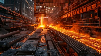 Fototapeta na wymiar Intense heat radiates from molten steel being poured in a bustling industrial steel mill amidst heavy machinery.