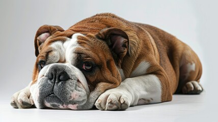 Fototapeta premium Lying down bulldog on a white background - High-key image of a resting bulldog lying down, showcasing the breed's relaxed and amiable nature