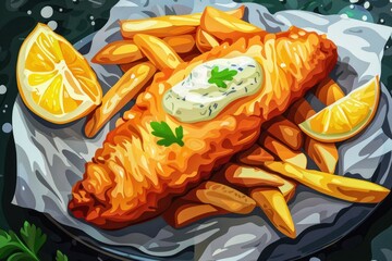 Illustration of fish and chips meal - Digital illustration of a plate of fish and chips, served with lemon and tartar sauce on a bed of lettuce