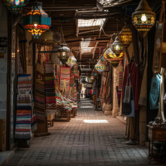 Traditional Market Alley with Colorful Lanterns and Textiles - obrazy, fototapety, plakaty