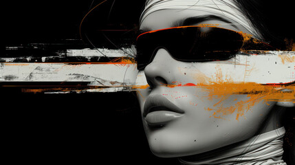  a digital painting of a woman wearing sunglasses and a scarf with an orange strip across her face and the image of a woman's face with sunglasses on her face.