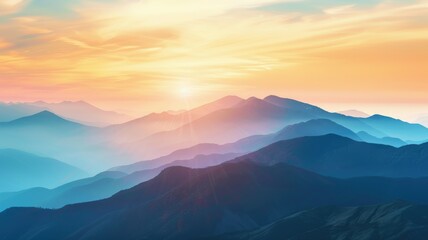 Majestic sunrise over layered mountain peaks - A breathtaking landscape showcasing the beauty of nature with vibrant colors illustrating a sunrise over a series of mountainous silhouettes - obrazy, fototapety, plakaty