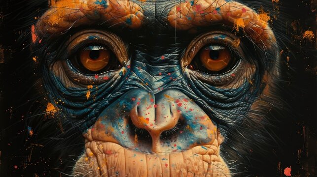  a close up of a monkey's face with lots of paint splattered on it's face and the eyes of the monkey's upper half'nose'nose '.