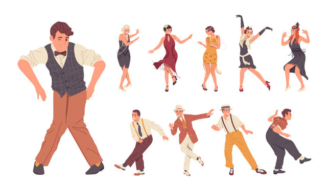 Retro people cartoon characters wearing elegant classical dress and suit dancing swing or charleston