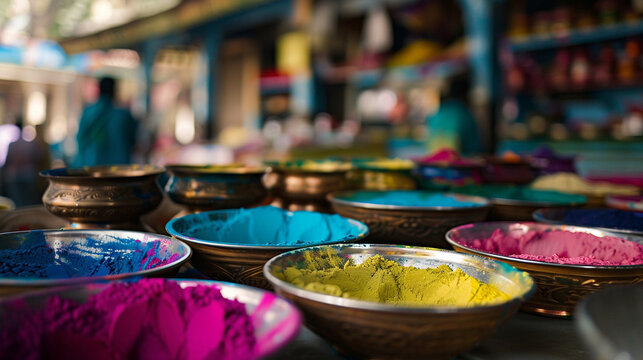 Bowls full of coloured powder during the Indian festival of colours Holi
