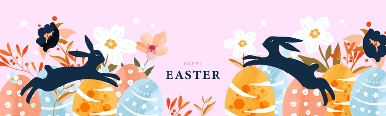 Happy Easter banner with easter rabbit, eggs, roses, leaves, floral bouquets, spring flowers compositions. Trendy poster, greeting card, header or cover for website. Modern art collection.