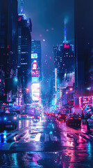 Neon-lit wet street in urban cityscape - A vibrant city street bathed in neon lights reflecting on wet pavement, capturing the energy of urban nightlife