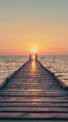 Fototapeta premium Ocean pier with a centered sunrise geometric view - A symmetrical view of a wooden pier stretching into the ocean with the sun perfectly centered on the horizon