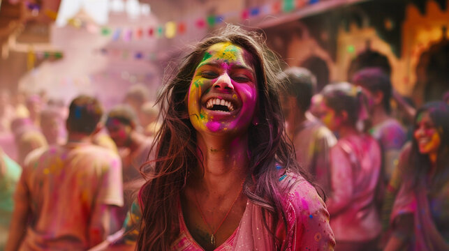 A Woman, her Face full of colour is celebrating the Indian Festival of Colours Holi