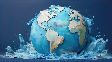 Sculpted globe with splashing water effect - A 3D rendered image of Earth with splashes of water surrounding it, creating a dynamic and artistic representation of the planet