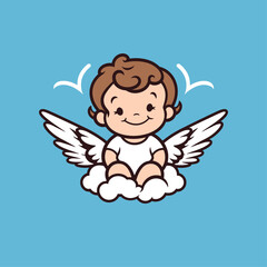 Vector illustration of a cute cherub, angel, 
Seraphim, adorable biblical character, blue background for stickers, coloring book, printing, laser cutting