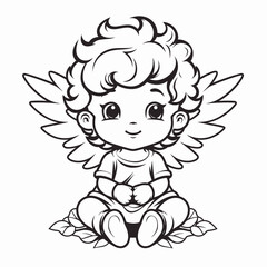 Vector illustration of a cute cherub, angel, 
Seraphim, adorable biblical character, black line art on white background for stickers, coloring book, printing, laser cutting