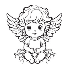 Vector illustration of a cute cherub, angel, 
Seraphim, adorable biblical character, black line art on white background for stickers, coloring book, printing, laser cutting