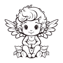 Vector illustration of a cute cherub, angel, 
Seraphim, adorable biblical character, black line art on white background for stickers, coloring book, printing, laser cutting