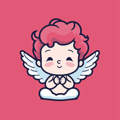 Vector illustration of a cute cherub, angel, 
Seraphim, Celestial creature adorable biblical character, pink background for stickers, coloring book, printing, laser cutting