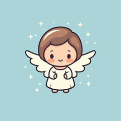 Vector illustration of a cute cherub, angel, 
Seraphim, adorable biblical character, blue background for stickers, coloring book, printing, laser cutting