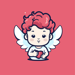 Obraz na płótnie Canvas Vector illustration of a cute cherub, angel, Seraphim, Celestial creature adorable biblical character, pink background for stickers, coloring book, printing, laser cutting