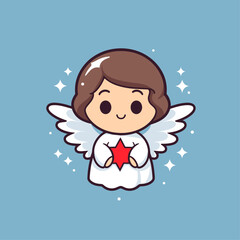 Vector illustration of a cute cherub, angel, 
Seraphim, adorable biblical character, blue background for stickers, coloring book, printing, laser cutting