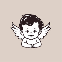 Vector illustration of a cute cherub, angel, 
Seraphim, adorable biblical character, beige background for stickers, coloring book, printing, laser cutting