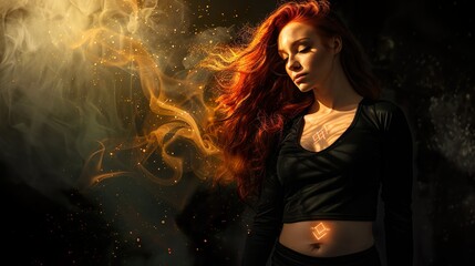 mystical energy enveloping a woman with red hair and a toned physique