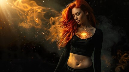mystical energy enveloping a woman with red hair and a toned physique - obrazy, fototapety, plakaty